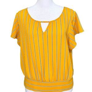 IZ Byer Yellow Striped Short Sleeve Crop Keyhole Front Tie Back Blouse. Large.